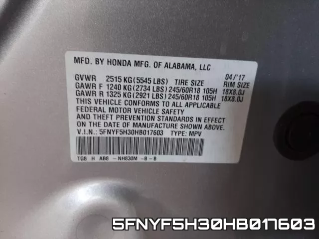 5FNYF5H30HB017603 фото 2