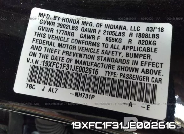 19XFC1F31JE002616 фото 10