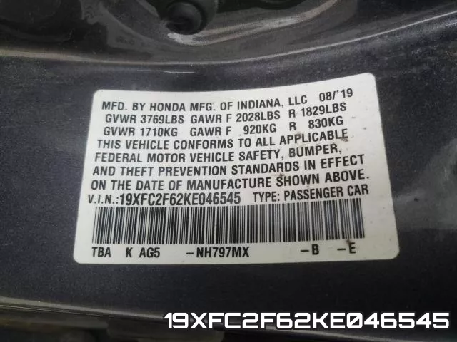 19XFC2F62KE046545 фото 2