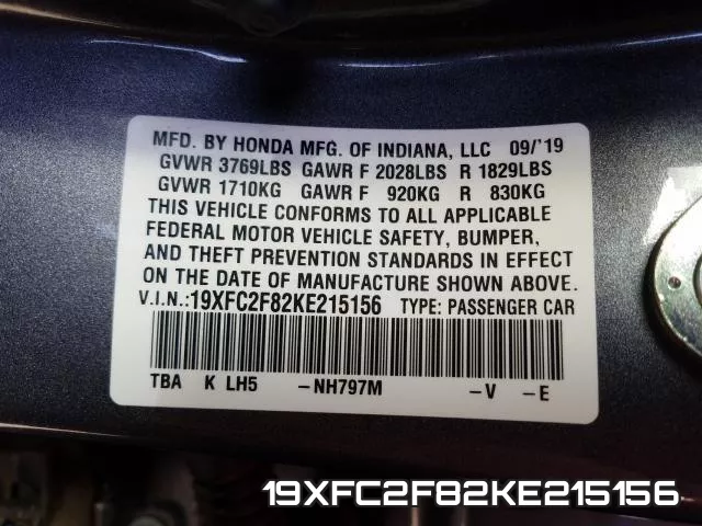 19XFC2F82KE215156 фото 2