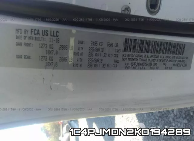 1C4PJMDN2KD194289 фото 10
