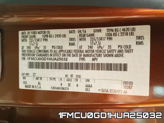 1FMCU0GD1HUA25032 фото 2