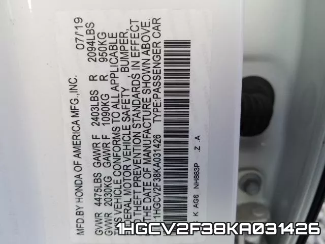 1HGCV2F38KA031426 фото 2