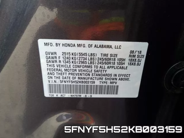 5FNYF5H52KB003159 фото 2