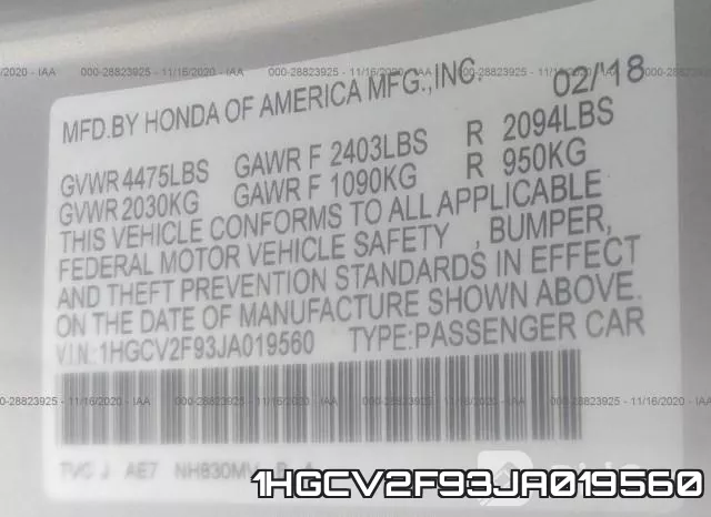 1HGCV2F93JA019560 фото 10