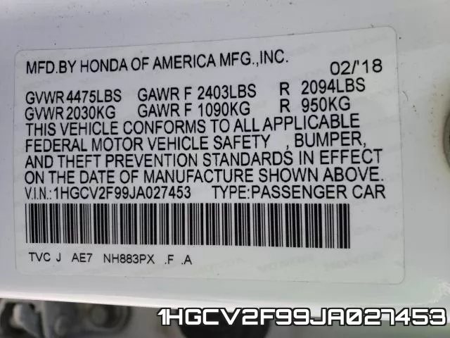 1HGCV2F99JA027453 фото 2
