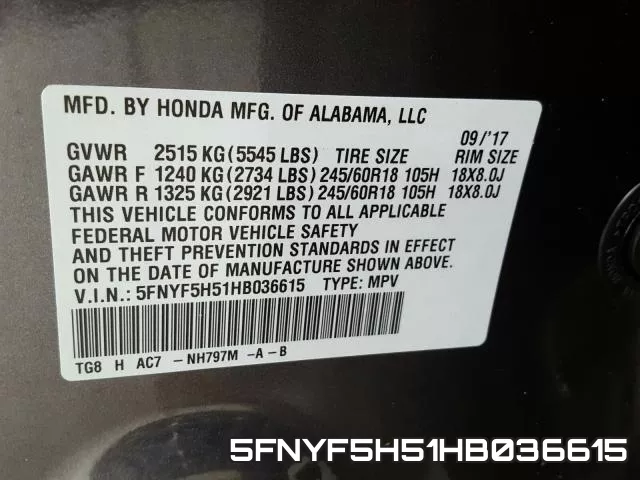 5FNYF5H51HB036615 фото 2