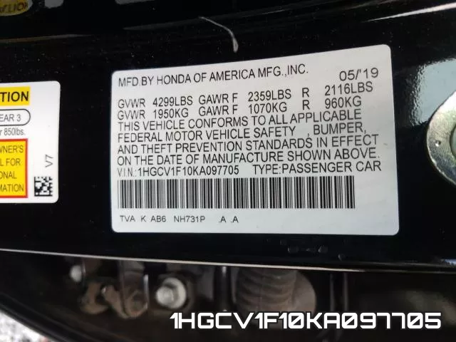1HGCV1F10KA097705 фото 2