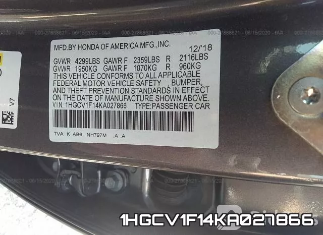 1HGCV1F14KA027866 фото 9