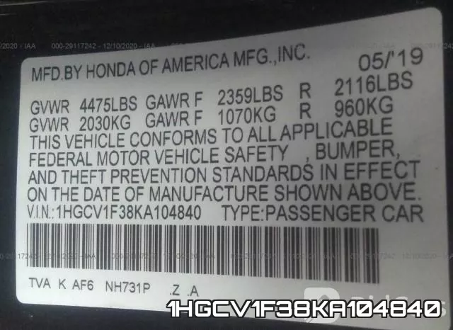 1HGCV1F38KA104840 фото 10