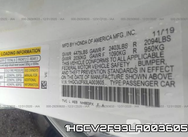 1HGCV2F93LA003605 фото 9