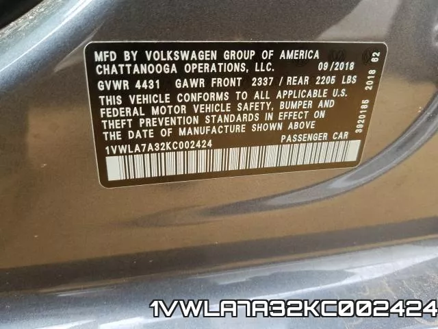 1VWLA7A32KC002424 фото 2
