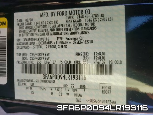 3FA6P0D94LR193116 фото 2
