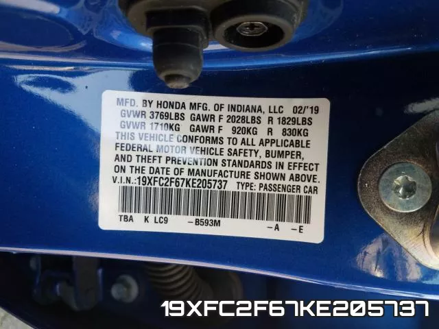 19XFC2F67KE205737 фото 2