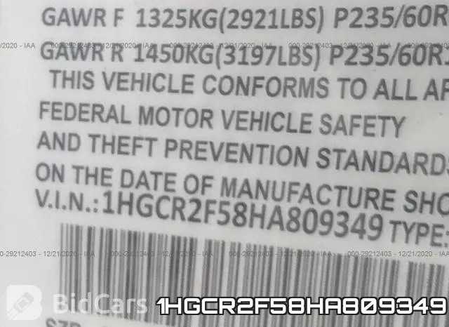 1HGCR2F58HA809349 фото 8