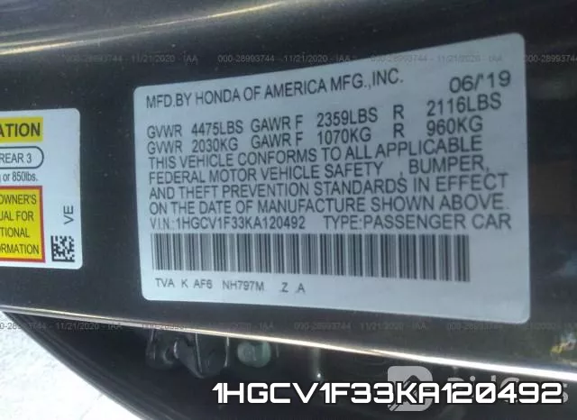 1HGCV1F33KA120492 фото 8