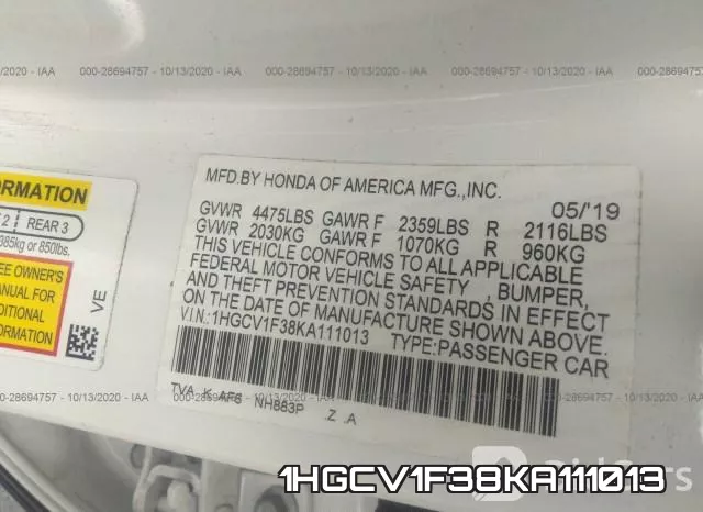 1HGCV1F38KA111013 фото 9