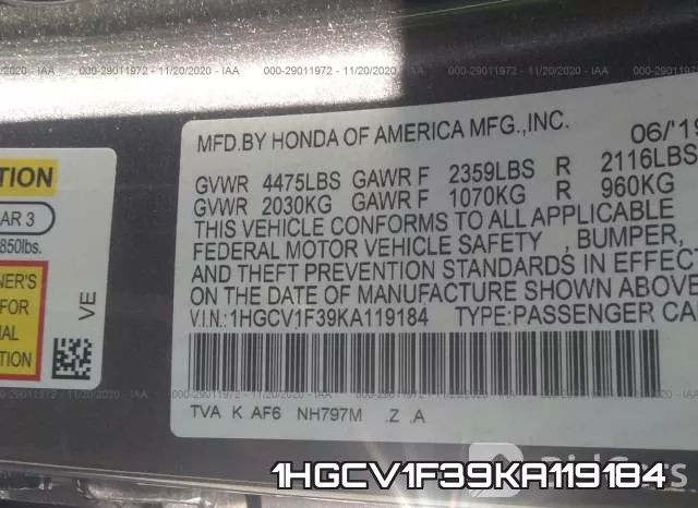 1HGCV1F39KA119184 фото 10