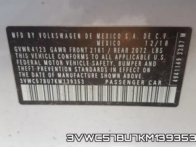 3VWC57BU7KM139353 фото 2