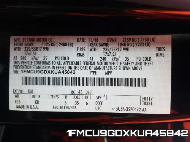 1FMCU9GDXKUA45842 фото 2