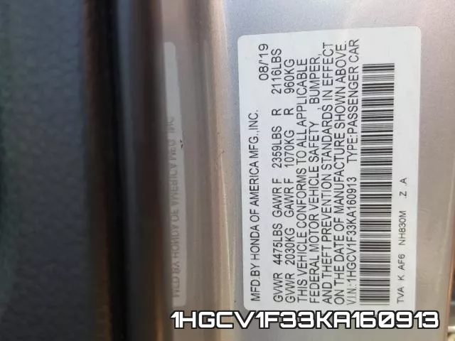 1HGCV1F33KA160913 фото 2