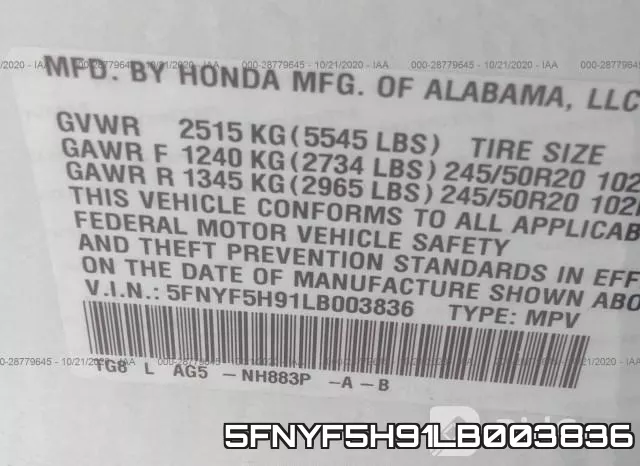 5FNYF5H91LB003836 фото 10