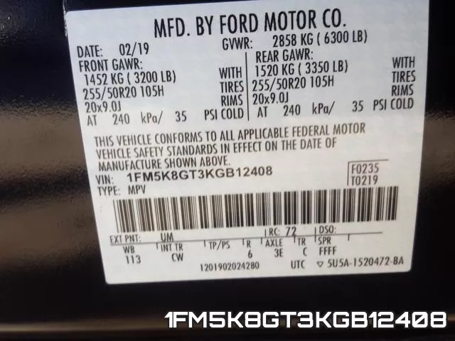 1FM5K8GT3KGB12408 фото 2