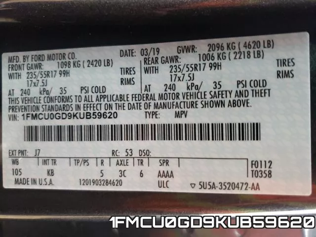 1FMCU0GD9KUB59620 фото 2