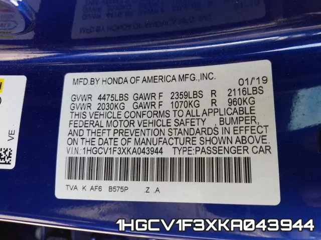 1HGCV1F3XKA043944 фото 2
