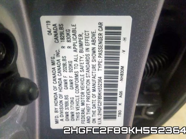 2HGFC2F89KH552364 фото 2