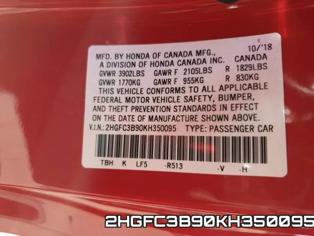 2HGFC3B90KH350095 фото 2