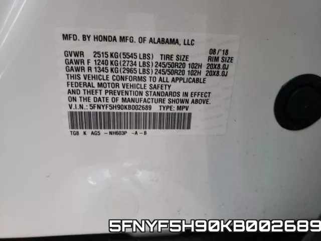 5FNYF5H90KB002689 фото 2