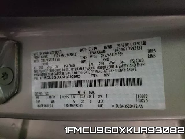 1FMCU9GDXKUA93082 фото 2