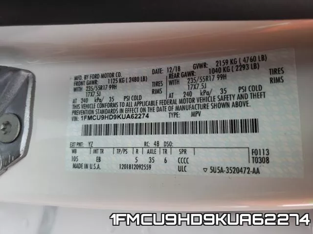 1FMCU9HD9KUA62274 фото 2