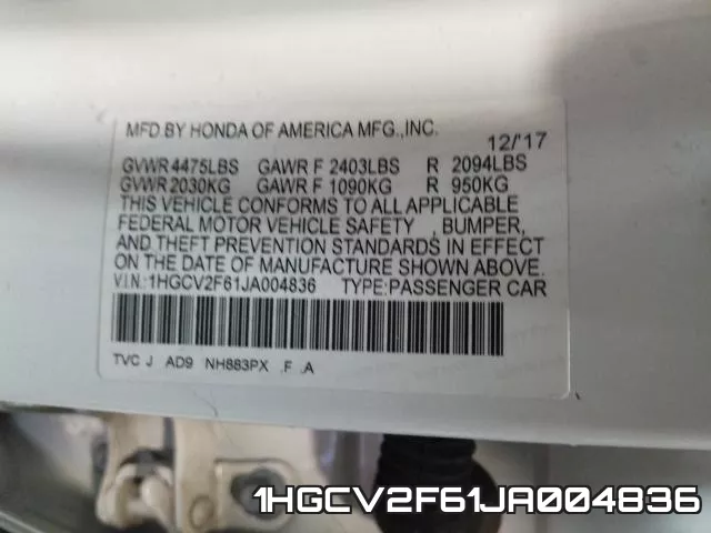 1HGCV2F61JA004836 фото 2