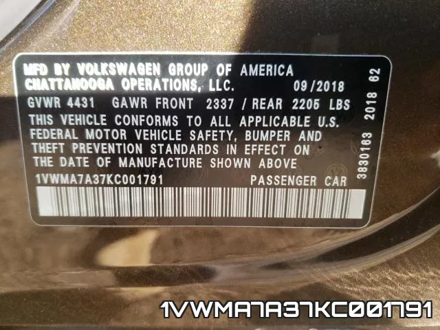 1VWMA7A37KC001791 фото 2