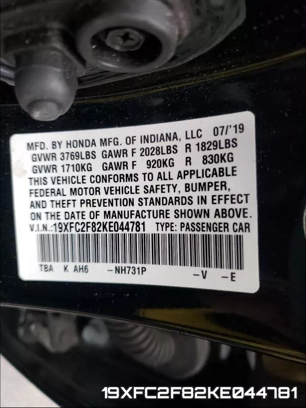 19XFC2F82KE044781 фото 2