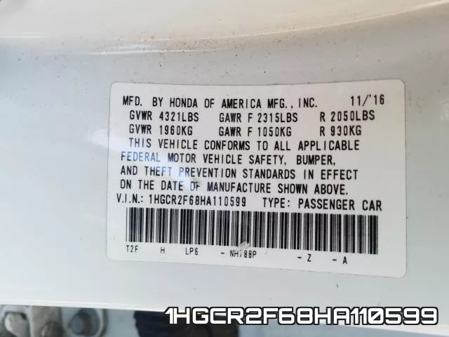 1HGCR2F68HA110599 фото 2