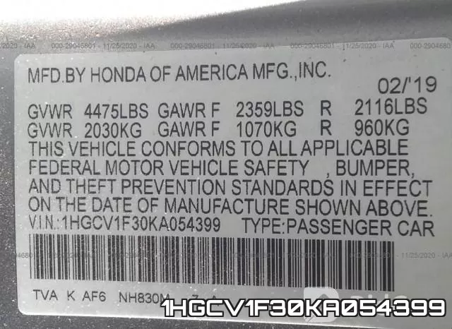 1HGCV1F30KA054399 фото 10