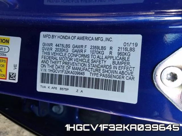 1HGCV1F32KA039645 фото 2