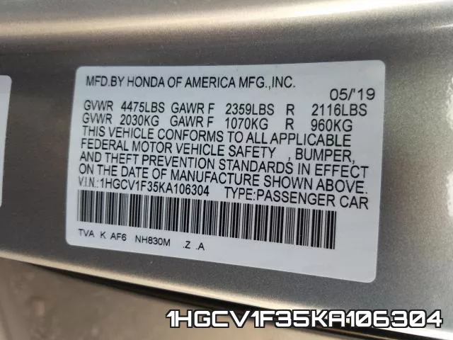 1HGCV1F35KA106304 фото 2