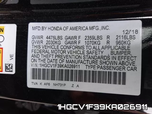 1HGCV1F39KA026911 фото 2