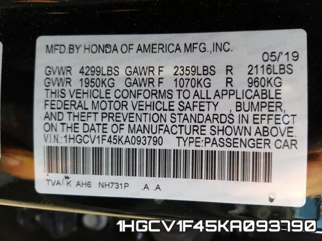 1HGCV1F45KA093790 фото 2