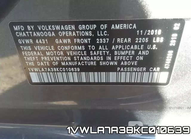 1VWLA7A38KC010639 фото 10