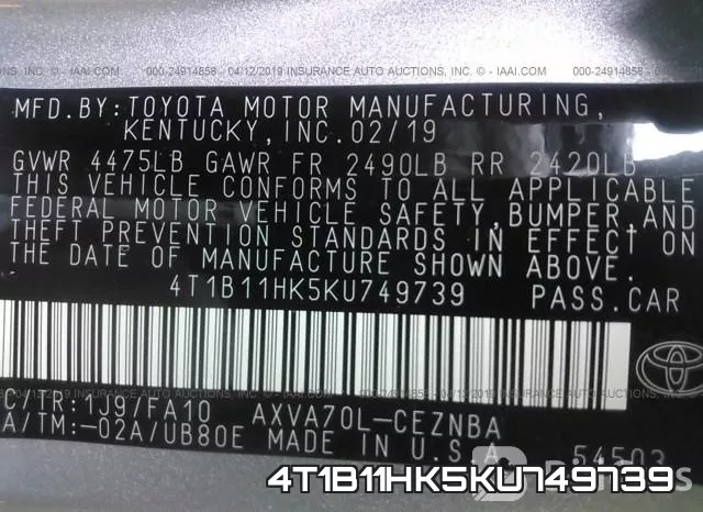4T1B11HK5KU749739 фото 10