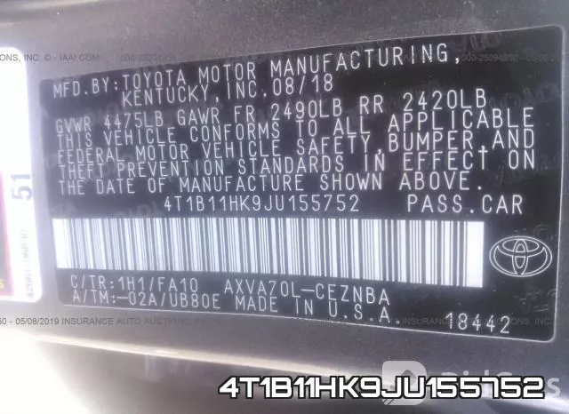4T1B11HK9JU155752 фото 10