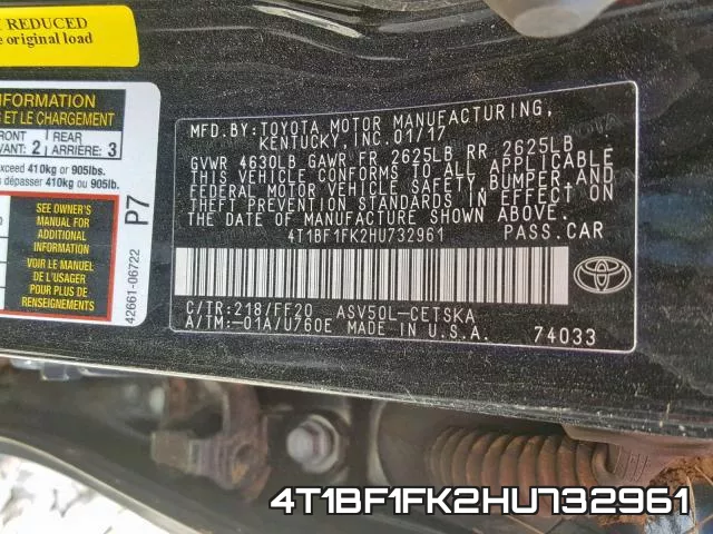 4T1BF1FK2HU732961 фото 2
