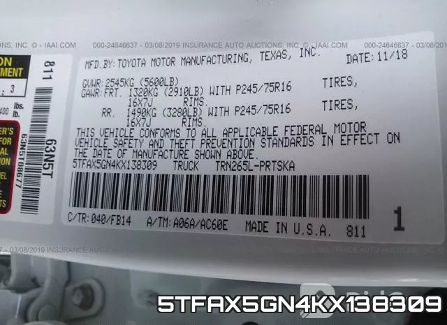 5TFAX5GN4KX138309 фото 10