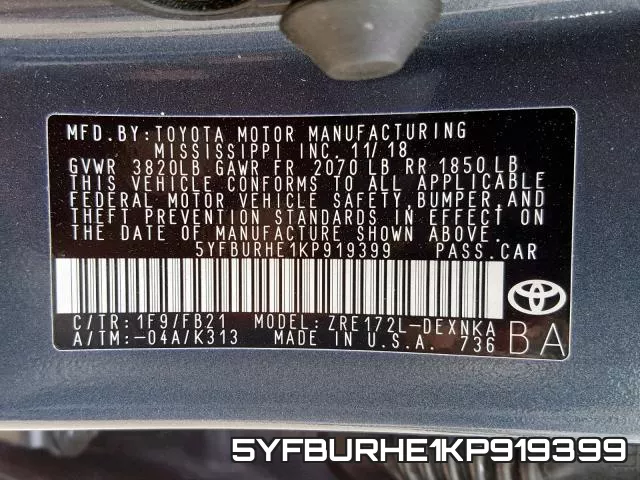 5YFBURHE1KP919399 фото 2