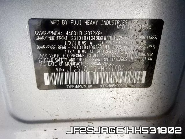 JF2SJAGC1HH531802 фото 2